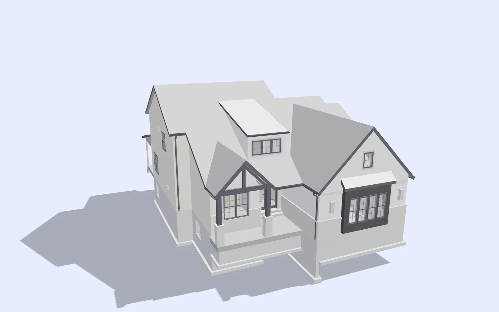 Three-dimensional view of the residence model, seen from the front corner